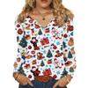 Women's Fashionable Casual V-neck Blouse Button Christmas Printed Long-sleeved Pullover T-shirt Top