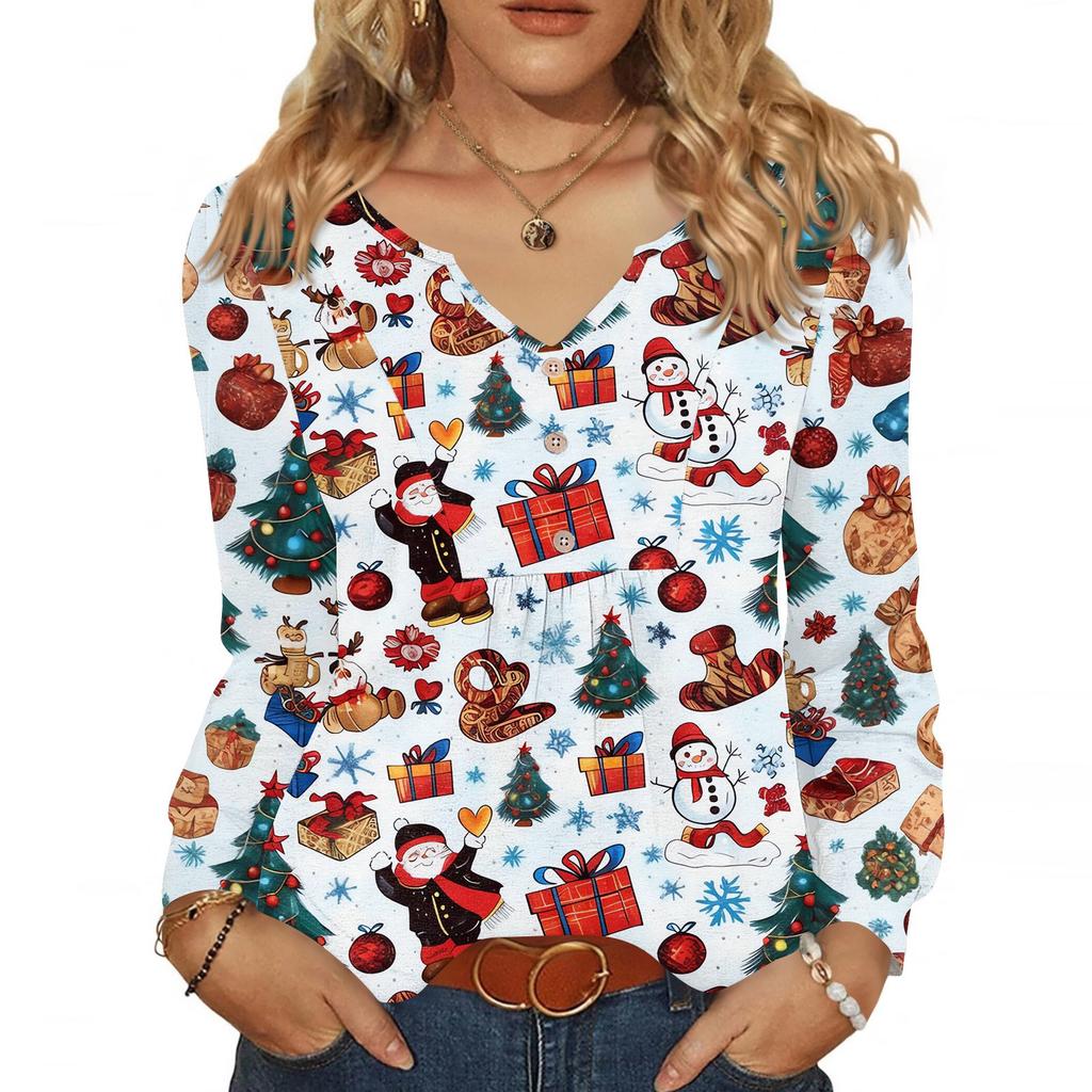 Women's Fashionable Casual V-neck Blouse Button Christmas Printed Long-sleeved Pullover T-shirt Top