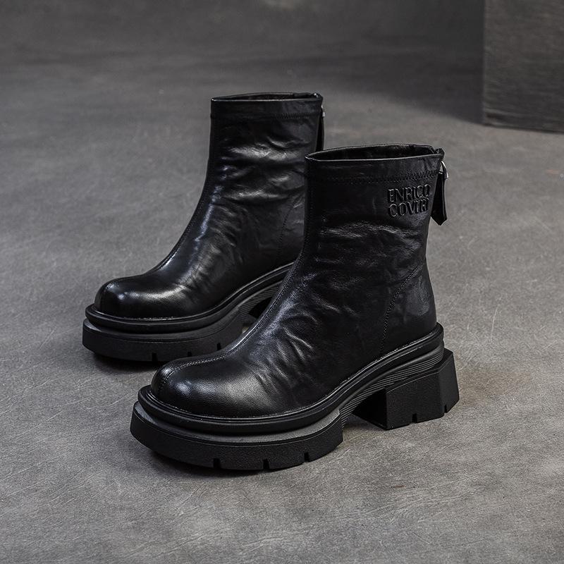 Fashion GKTINOO Genuine Leather Ankle Boots Women Shoes 2025 New Autumn Winter Round Toe Square Heel Zip Handmade Leisure Women Boots