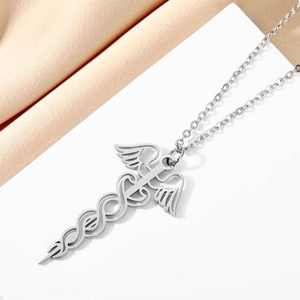Kinitial Exquisite Stainless Steel Caduceus Pendant of Health Necklace of God Hermes Jewelry Christma Gift Girlfriend