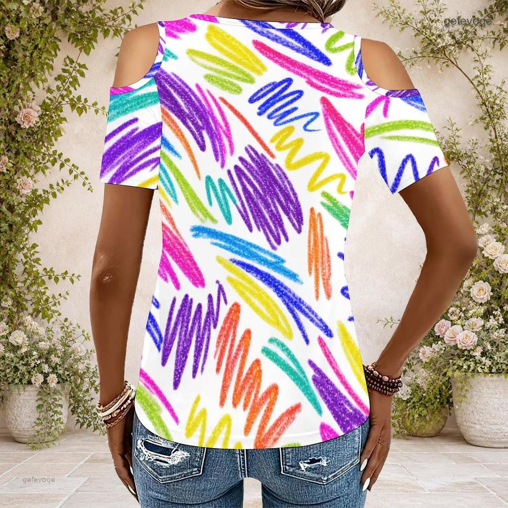 Women Plus Size Keyhole Ring Neck Cold Shoulder Short Sleeve Abstract Printed Top