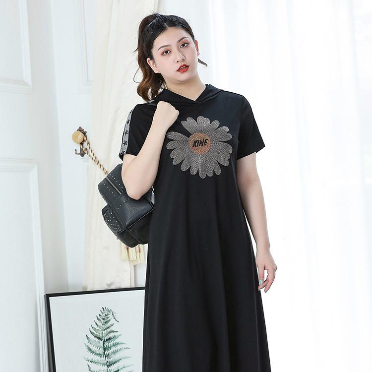 

Плюс Размер Женщин Лето Новая Мода С Капюшоном Короткие Рукава Платье 3XL чёрный