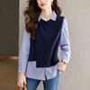 New Blue Stripe Splicing Fake Two Piece Shirt for Women with a Casual Design Long Sleeved Shirt Top