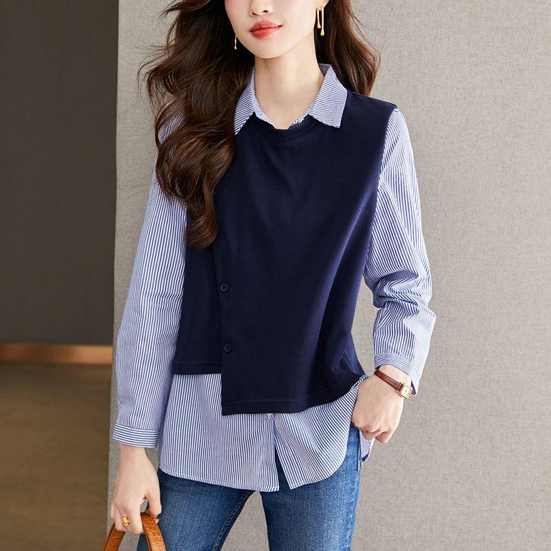 New Blue Stripe Splicing Fake Two Piece Shirt for Women with a Casual Design Long Sleeved Shirt Top