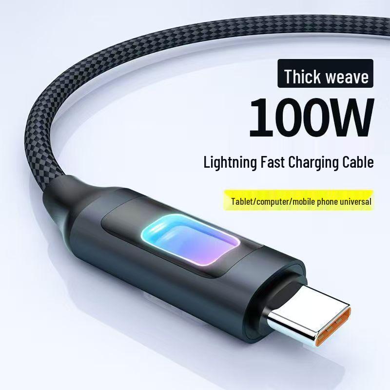 100W Fast Charging Braided USB-C Cable with Colorful Breathing Light for Apple and Huawei 15/17