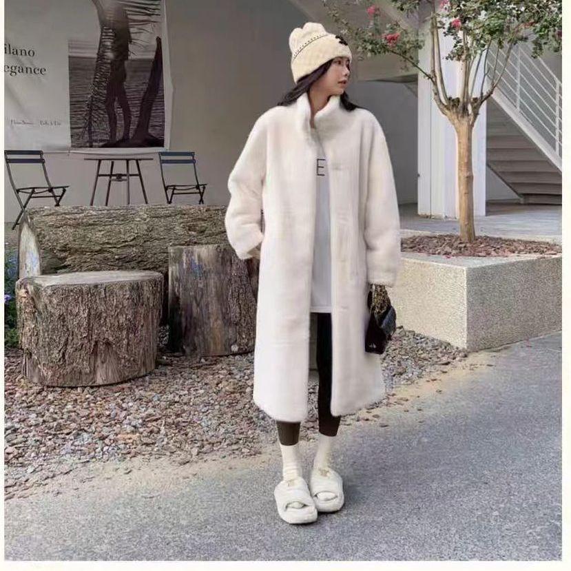 Autumn and winter thickened long stand-up collar imitation mink hair thickened wool environmentally friendly fur jacket women's light coat