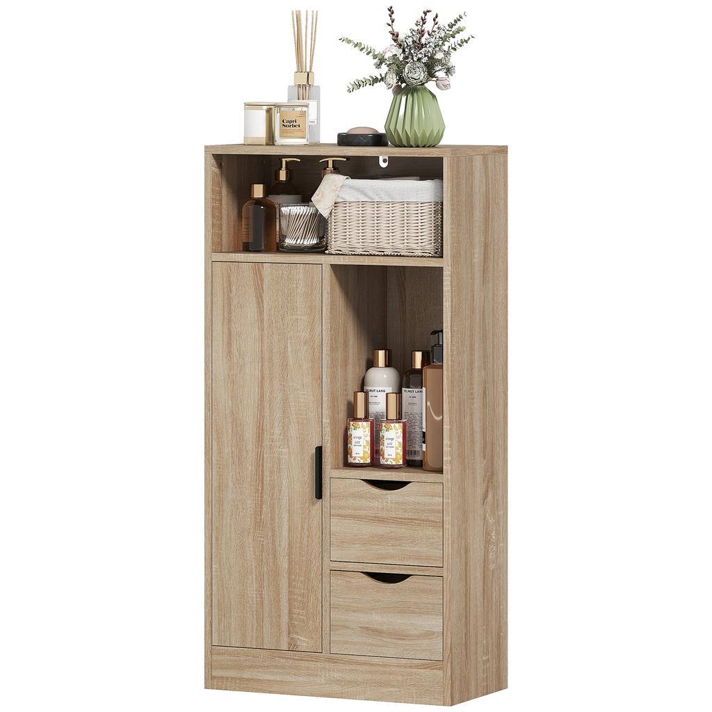 Space-Saving Slim Mobile Bathroom Cabinet with 2 Drawers, Shelves and Cupboard, 50x25x100 cm, Natural Wood