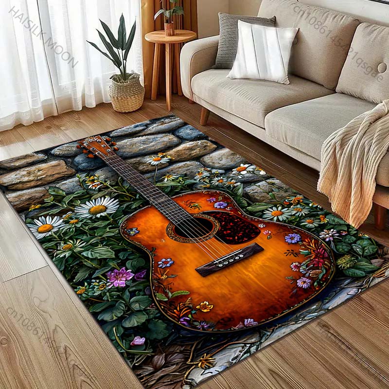 Daisies and Guitar Pattern Carpet for Bedroom Living Room Bedside Sofa Floor Mat Modern Home Decor Area Rug for Gifts