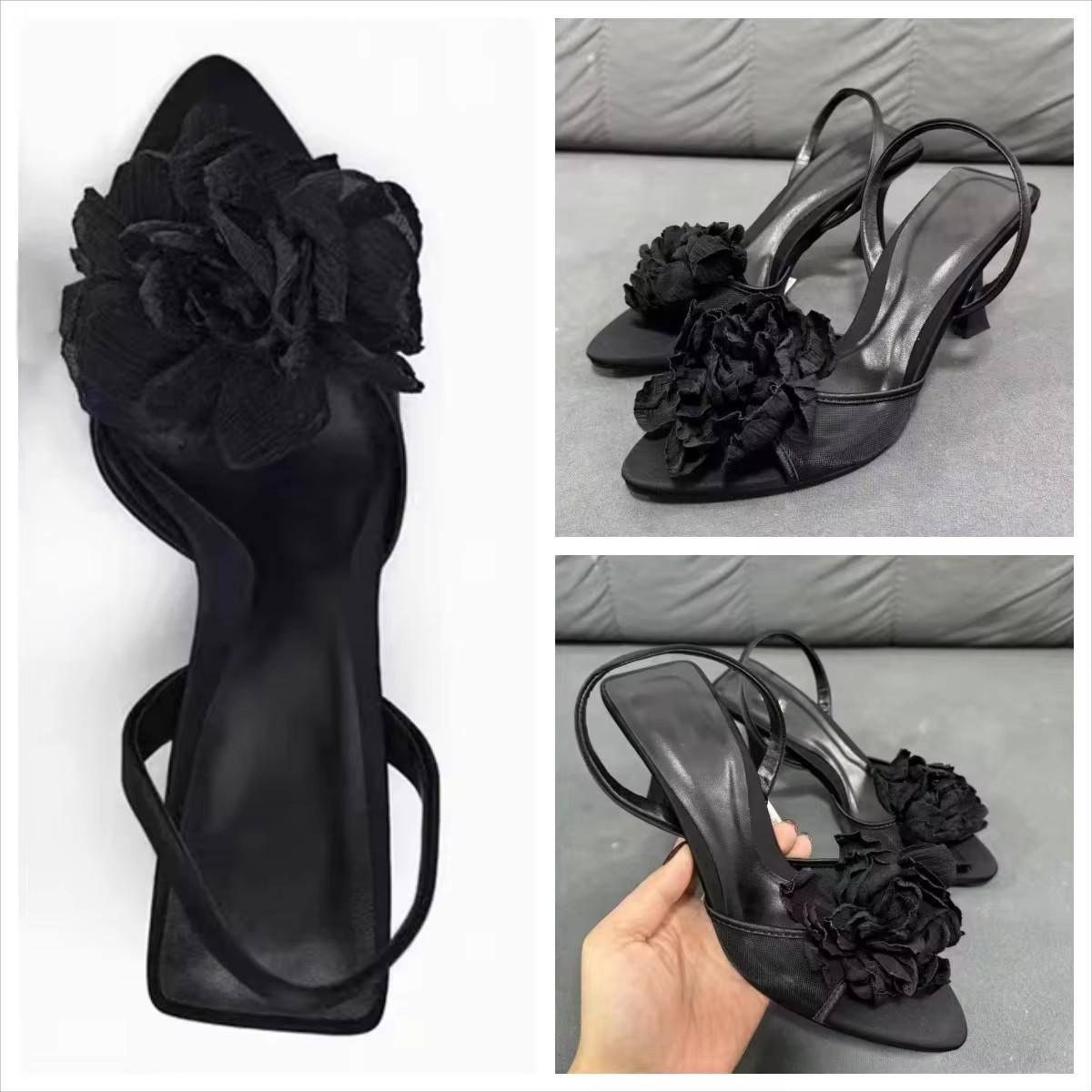 

TRAF Women Black Mesh Flower Slingback Heels Sexy Pointed Toe Pumps Elegant Heeled Slingbacks 2024 Summer Female Sandals Shoes 36