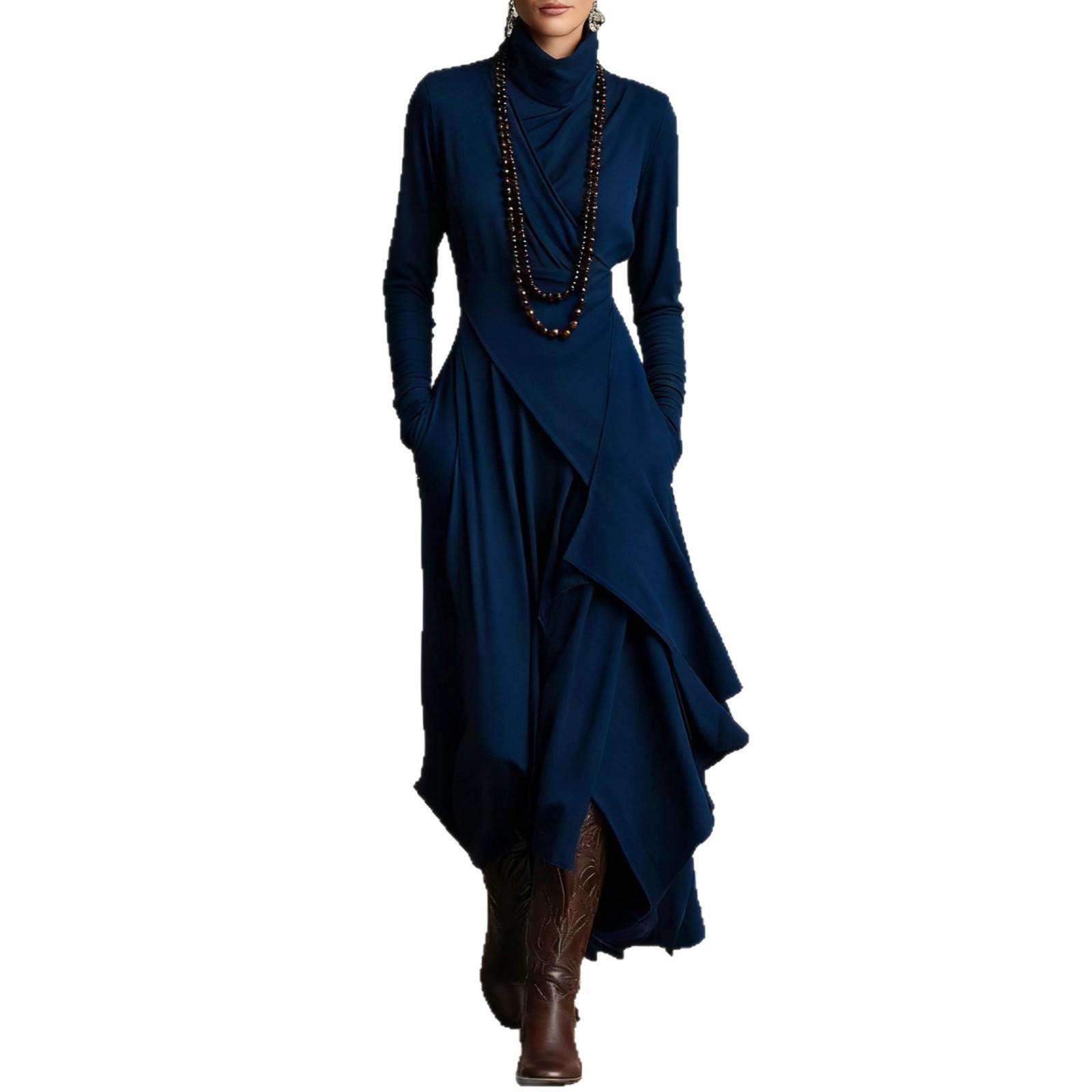 

2025 Autumn/Winter Women s Solid Color High Neck Irregular Dress XS