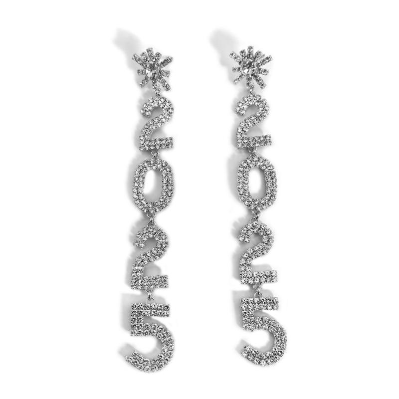 

Fashionable 2025 Number Earrings Featuring Rhinestones Pendants Alloy Texture Suitable for Stylish Banquet and Party Wear 1 серебряный