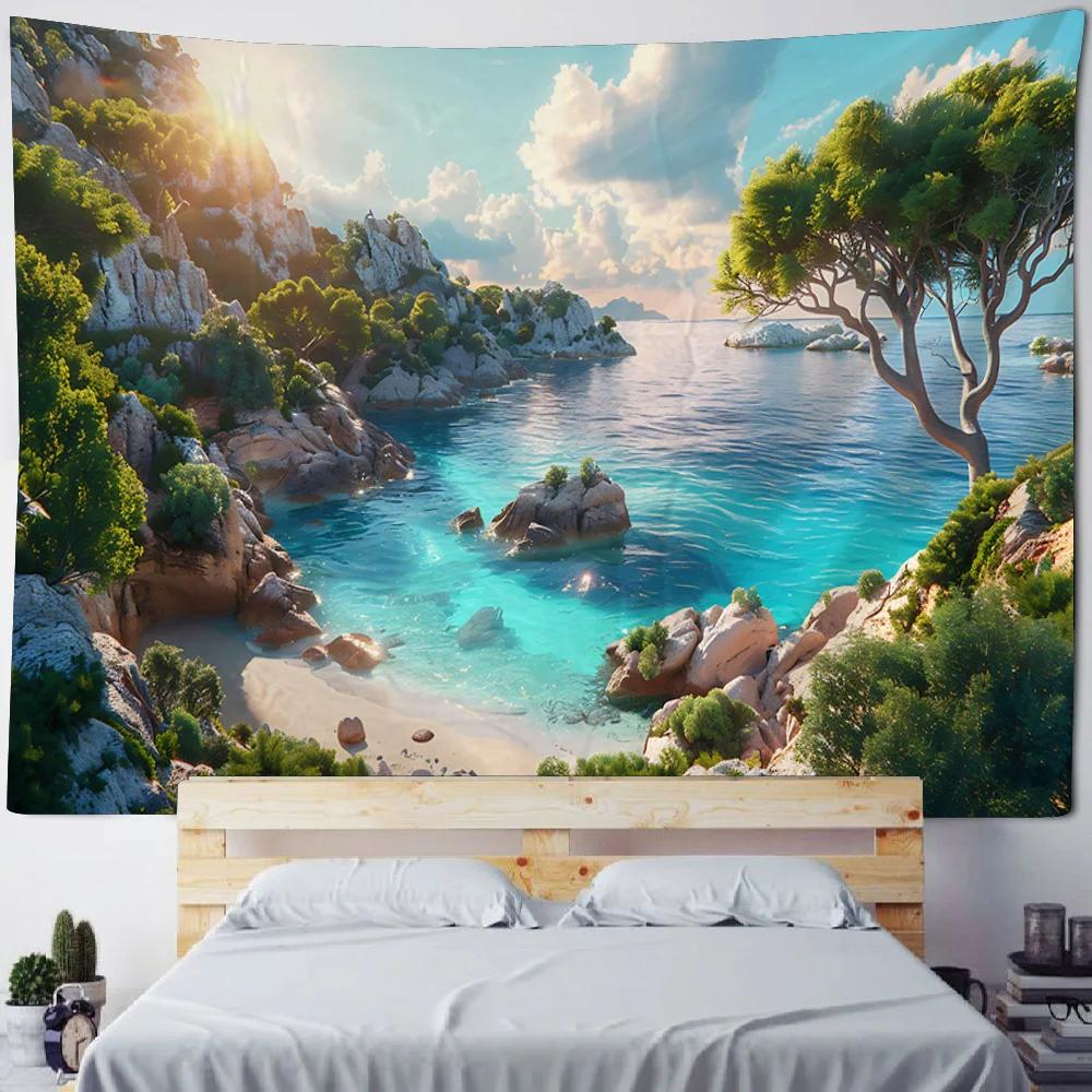 Schöne Küstenlandschaft Wandteppich Hängend Traumhafter Schloss-Wandteppich Haus Schlafzimmer Hängendes Tuch, Strand Picknickmatte Yogamatten