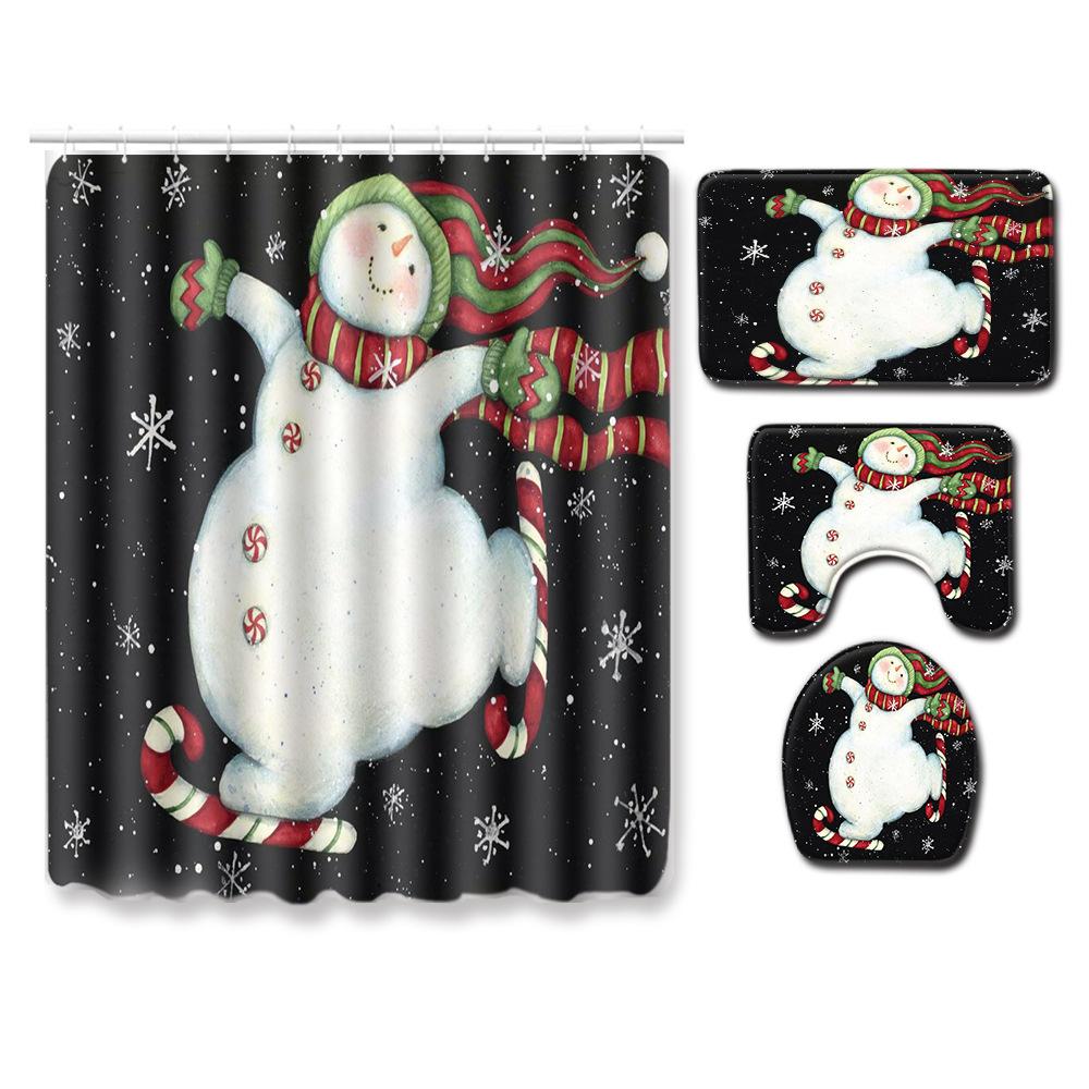 Christmas Shower Curtain Floor Mat Combination Four-Piece Set Bathroom Non-Slip Mat Toilet Absorbent Door Mat Carpet