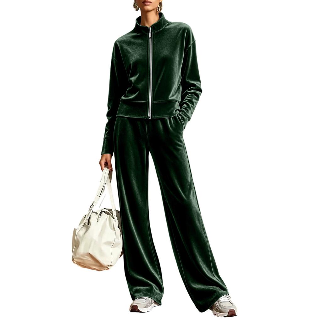 Women's Casual 2 Piece Set - Color Stand Collar Cardigan with Wide Leg Pants
