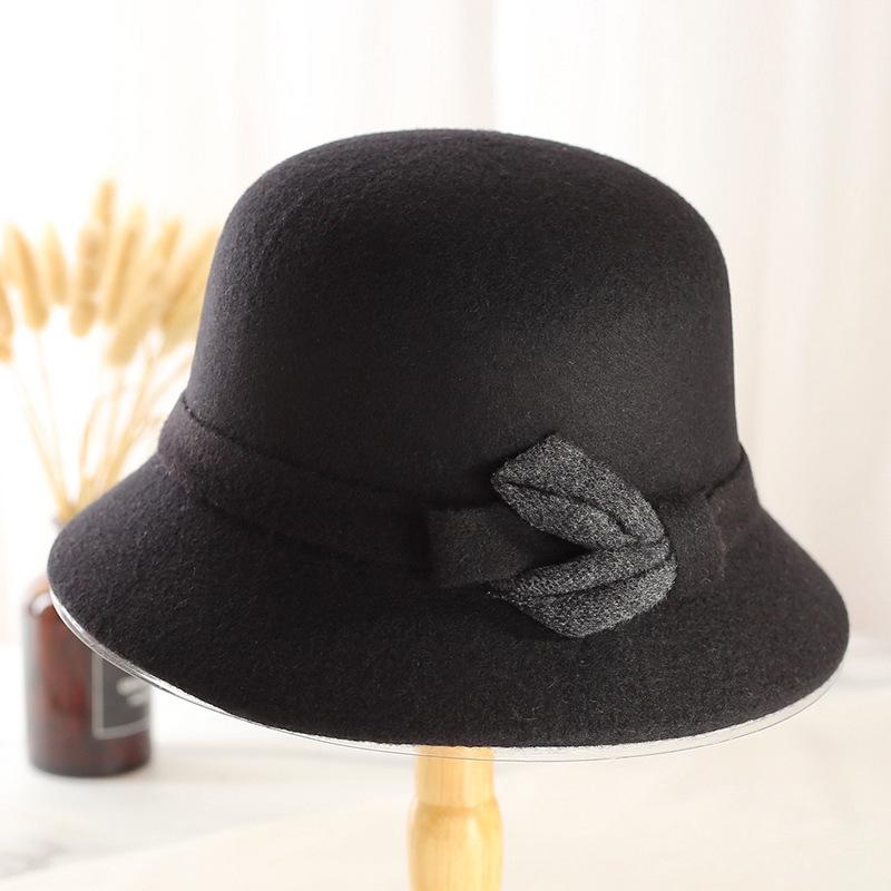 Nowy jesienno-zimowy kapelusz rybacki dla starszych kobiet, dekoracja z węzłem liściowym, damski brytyjski gruby ciepły wełniany kapelusz garnkowy