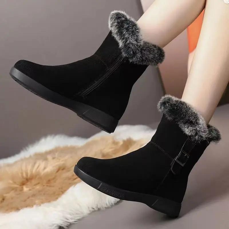Non-Slip Fleece Lined Thickened Winter Boots Women's New Style Mom's Warm Cotton Shoes Short Boots Rabbit Fur Sole