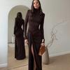 Womens Fall Winter Slim Fit Dress High Neck Long Sleeve Split Elegant Fashion Party