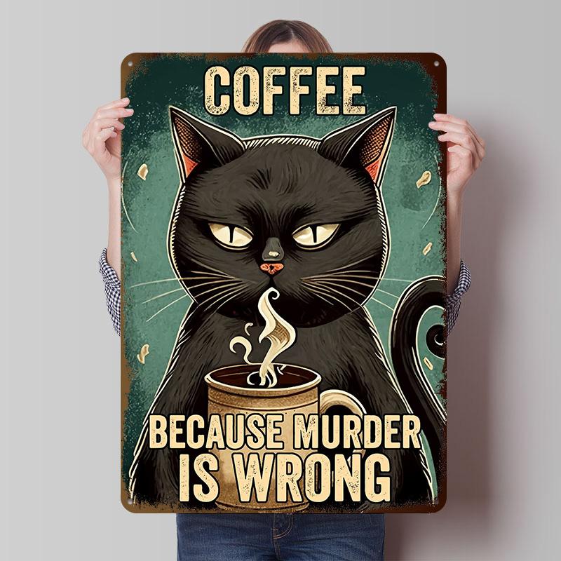 Gatto del Caffè Che Beve Caffè Poster in Latta Arte da Parete Personalizzabile Segni Metallici Retro Vintage per Decorazioni Allestimento Stanza Casa il