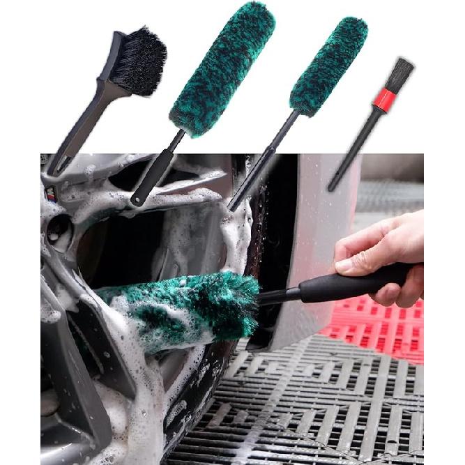 Professional 4 Pack Long Handle Wheel Brush Kit For Cleaning Wheel And Tire- 2X Soft Wheel Cleaning Brush, Detailing Brush And Stiff Tire Brush,