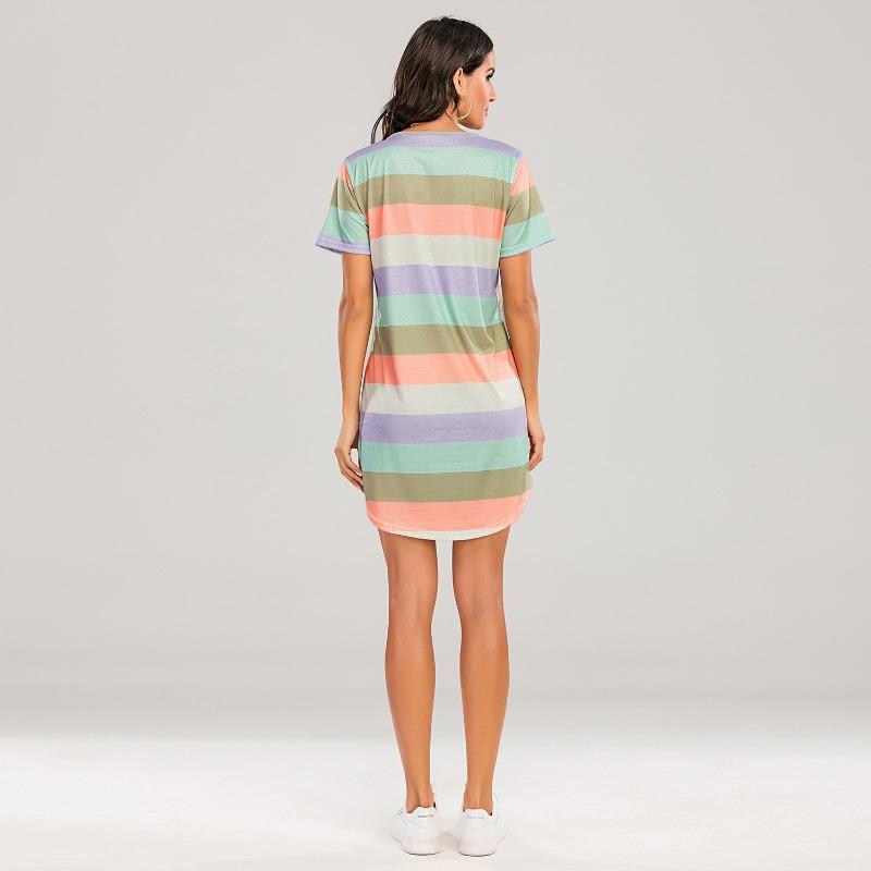 Plus Size Women's Summer Short Sleeved Rainbow Striped Loose Pajama Dress