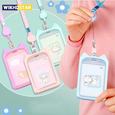 Cat Ear Card Holder+Retractable Reel Lanyard,Work ID Card Holder Campus Card Neck Lanyard Badge Holder Protective Cover