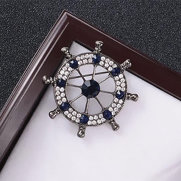 Men s Rhinestone Ship Wheel Brooch: Navy Style Lapel Pin Accessory