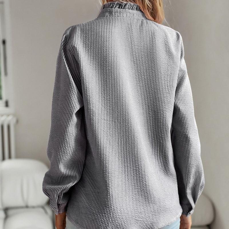 Camicette da donna eleganti, casual e larghe, primavera, nuove, a maniche lunghe, a righe, semplici, da ufficio, abbigliamento da donna, camicia con volant e bottoni, 26023