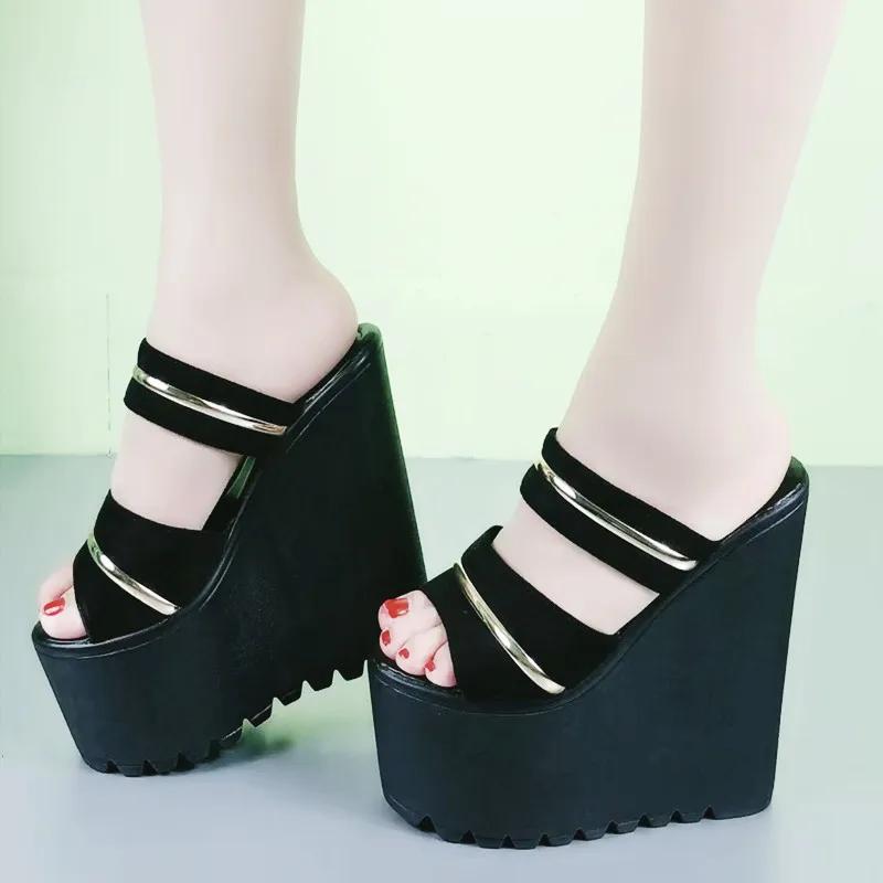 Modne 16CM Damskie Sandały na Platformie Wysokie Obcasy Koturn Otwarte Palce Wsuwane Bez Pięty Muły Letnie Kapcie Buty