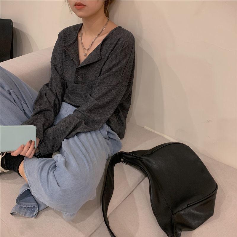 Long Sleeve T-shirts Women Elegant Simple Pure Button Design Retro Ins Autumn Ladies Tees Top All-match BF Style Mujer Clothes