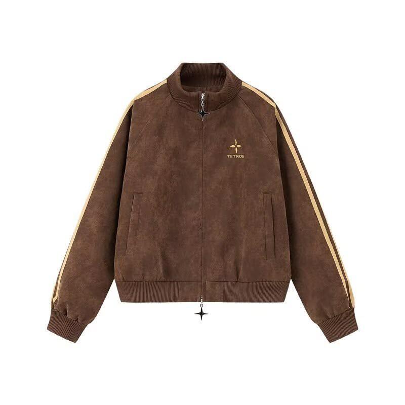 American Style Striped PU Leather Jacket Men Women Vintage Casual Stand Collar Coat