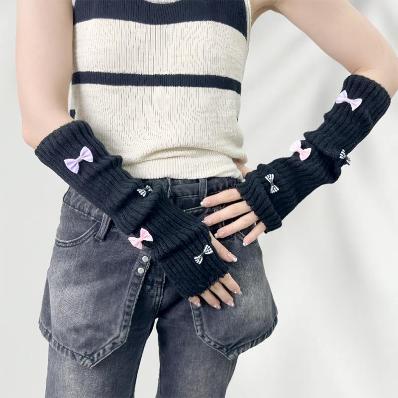 Sweet Cute Fur Bowknot Fingerless Gloves Girl Cosplay Sleeves Arm Sleeves Wool Knitted Sleeves