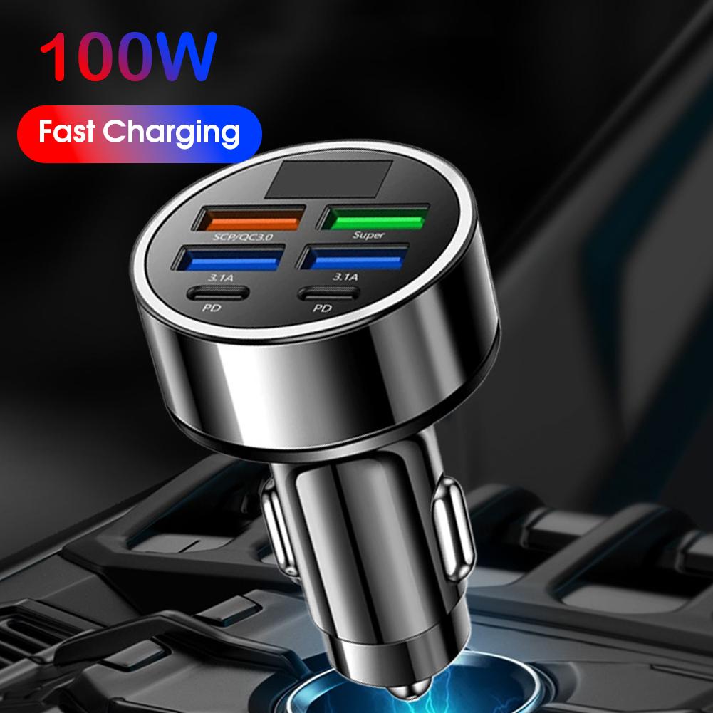 6 In 1 Multi Port PD Car Charger 12-24V With Digital Display 4USB + 2PD Car Charger Fast Charging Adapter For IPhone
