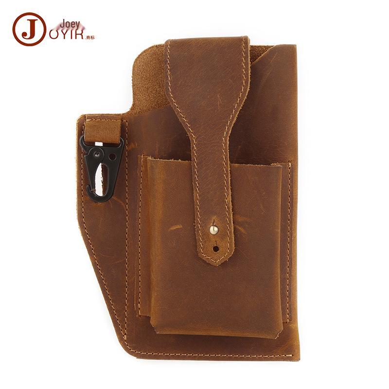 Men's Vintage Genuine Leather Phone Bag - Vertical Style, Durable Crazy Horse Leather, Belt Waist Bag for Work Use