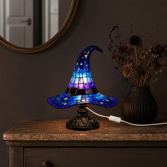 Witch Hat Table Lamp, USB Powered LED Bedside Light, Resin Gothic Night Light for Bedroom, Living Room, Shelf Halloween Decor