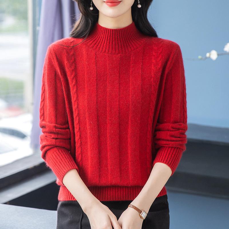 

Новая модная женская свободная осенне-зимняя новинка, утолщенный свитер с полувысоким воротником, вязаная базовая рубашка с косами, однотонная XXL красный