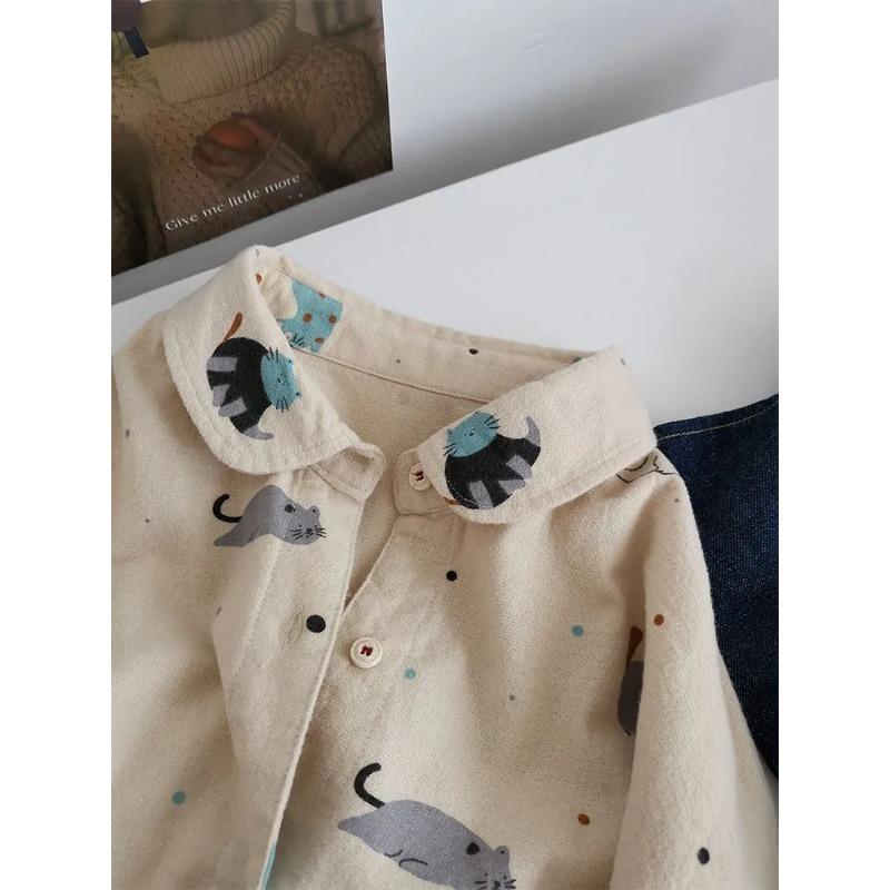 Printed Cat Brushed Cotton Lazy Shirt Women's Loose Casual Autumn