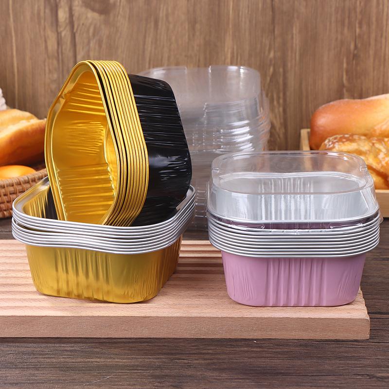 10Set Aluminum Foil Cake Container 325ml Cake Pans Liners With Lids Heat-Resistant Foil Baking Cups Cake Pan Outdoor Tableware