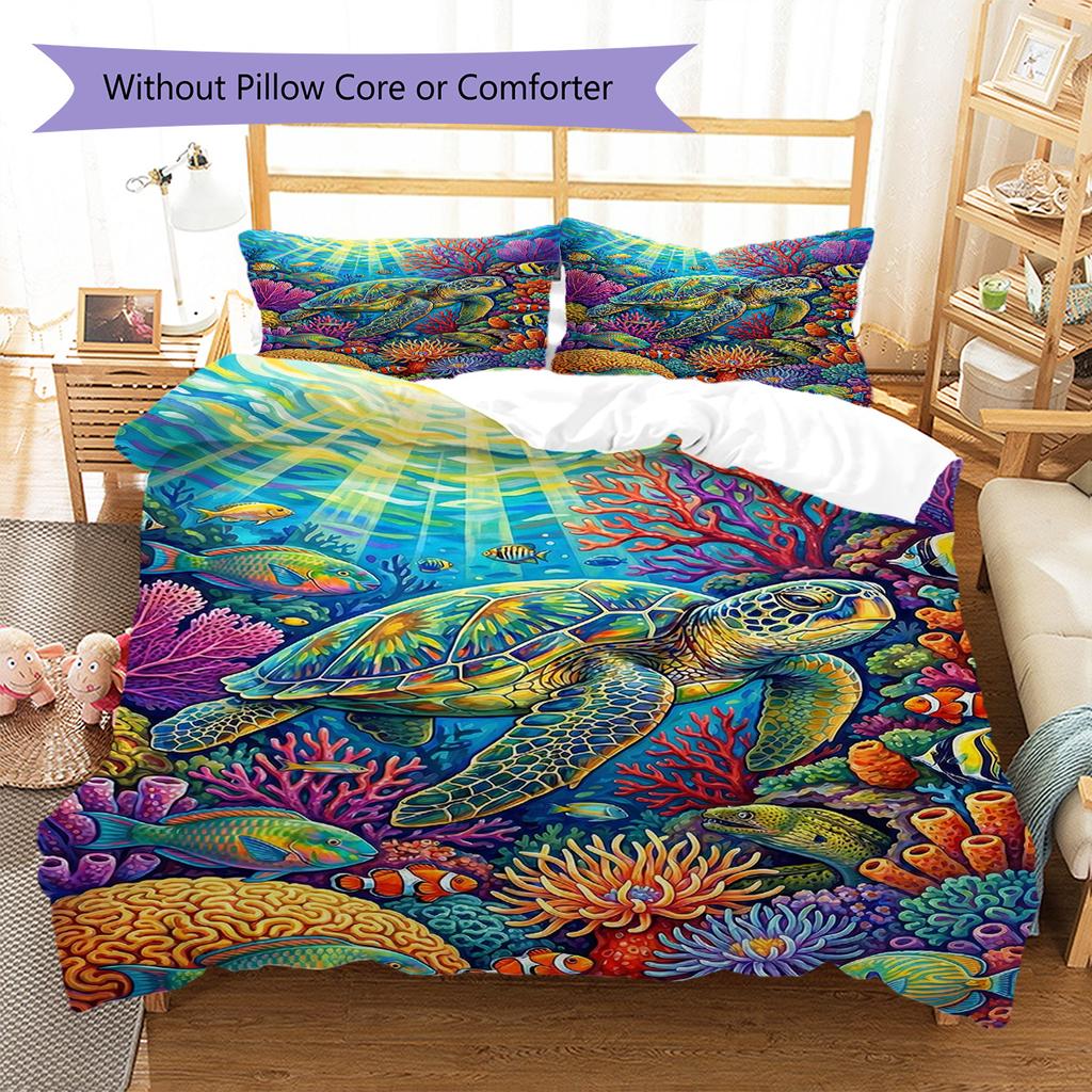 Colorful Sea Turtle Pattern Bedding Set Quilt Cover Pillowcase Home Decor Gift (1 * Duvet Cover + 2 * Pillowcase, Without Core)