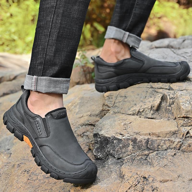 Hand Stitched Male's Leather Hiking Boots Outdoor Sneakers Walking Shoes Antiskid Travel Trainers Men's Slip On Shoes