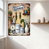 Vintage Rustic Metal Tin Sign, Welcome to Our Kitchen, Cozy Kitchen Scene with Plants, Utensils & Containers for Home Cafe Decor