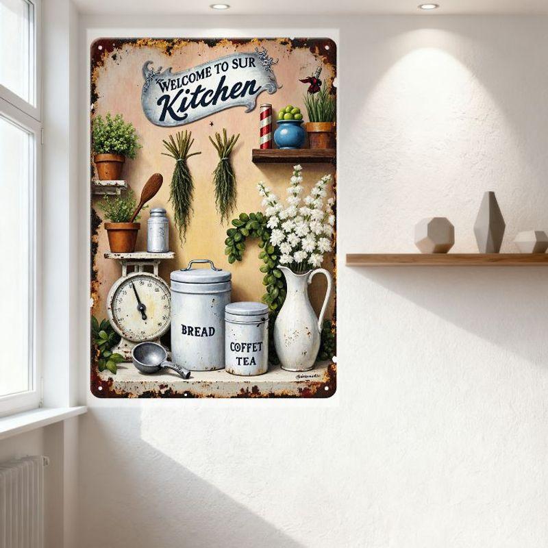 Vintage Rustic Metal Tin Sign, Welcome to Our Kitchen, Cozy Kitchen Scene with Plants, Utensils & Containers for Home Cafe Decor