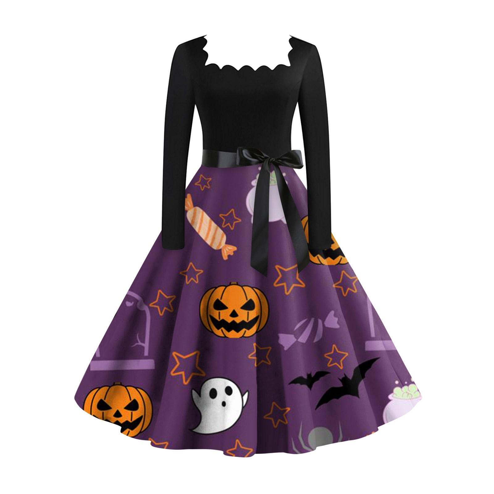 Women s Casual Fashion Halloween Print Vintage Long Sleeve Dress M