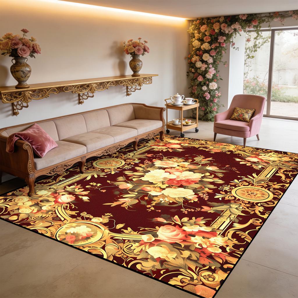 Persian Retro Living Room Carpet Light Luxury Flower Pattern Washable Large Size Rug Decoration Bedroom Fluffy Anti-slip Mats
