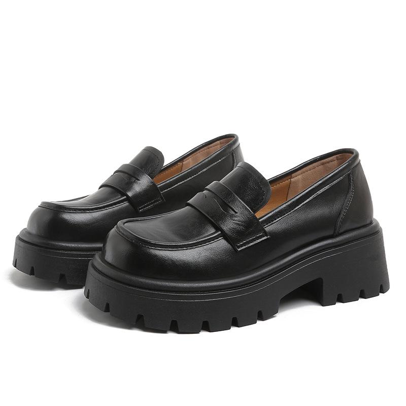 Black Loafers Women's 2025 New Spring and Autumn One-pedal Women's Shoes Small Thick-soled Single Shoes British Style Small Leather Shoes