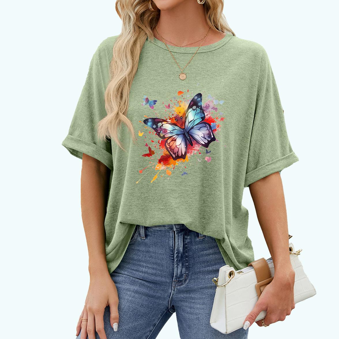 

Женская модная футболка больших размеров, летняя повседневная футболка с круглым вырезом и принтом бабочки, пуловер, свободная футболка с короткими рукавами XXL светло-зеленый