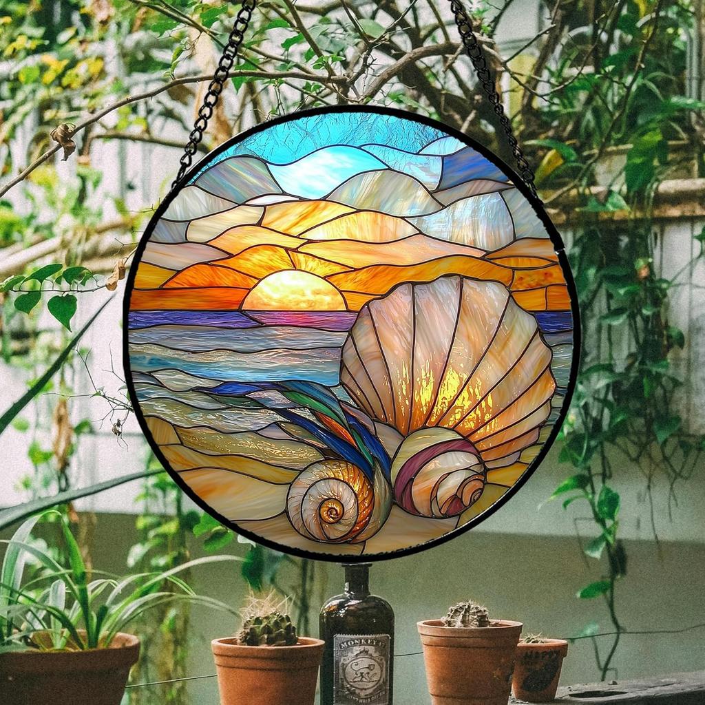 Stained Glass Window Hanging, Sunset Mountains Lake Tree Sun Catcher for Window Home Decor Landscape Suncatcher Mother's Day Birthday Gifts 7.8 in