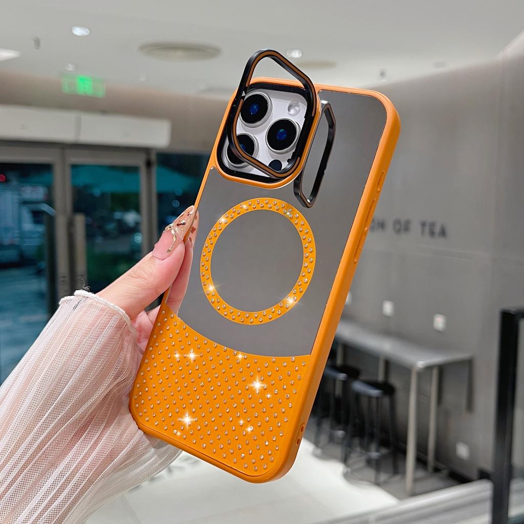 For iPhone 16 Pro Max Magnetic Case Mirror Surface TPU+PC Phone Cover with Lens Frame Kickstand