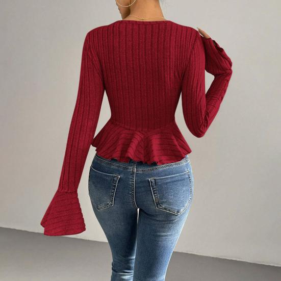 Women Tops Slim Fit V Neck Flared Long Sleeve Ruffle Detail Knitting Tops Solid Color Buttons Closure Winter Sweater