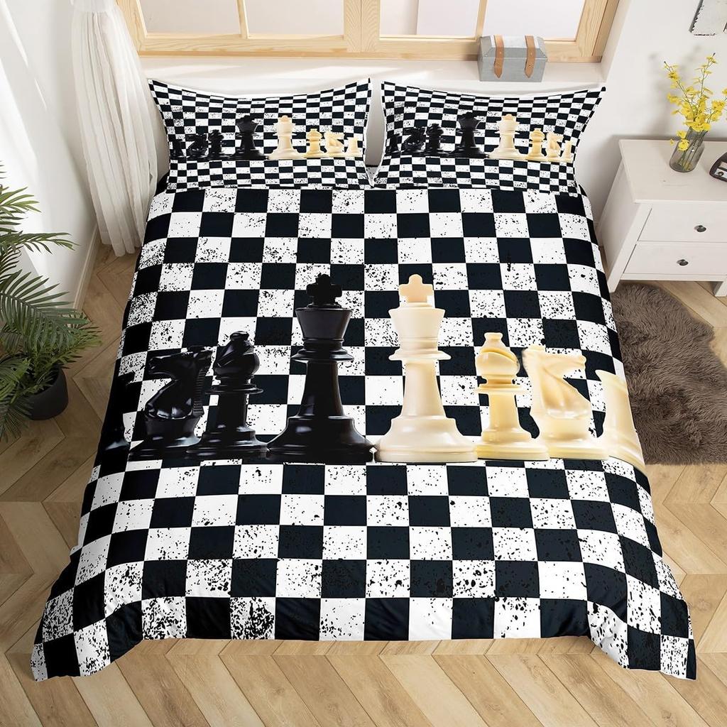 Chess Duvet Cover Buffalo Plaid Check Bedding Set Chess Sports Games Quilt Cover Checkerboard Comforter Cover with 2 Pillowcases