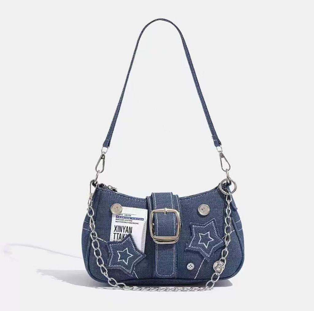 2024 Trendy Star Denim Underarm Retro American Poster Chain Shoulder Bag